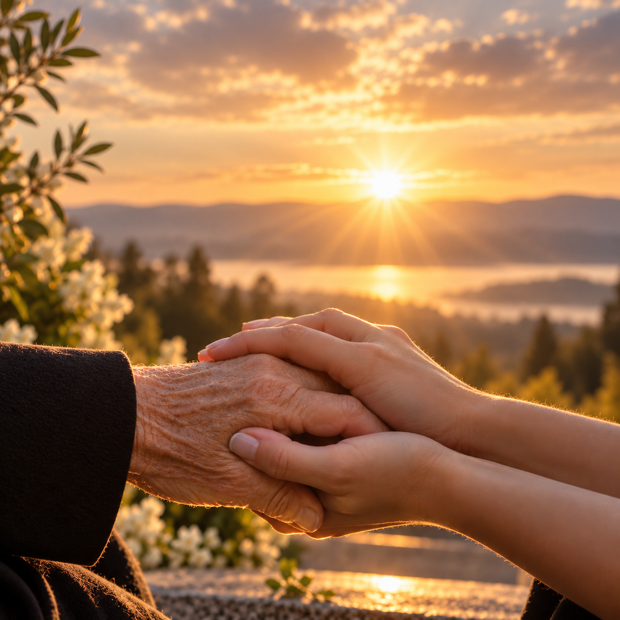 Zwei Hände halten sich fürsorglich vor einer hellen, sonnigen Naturlandschaft